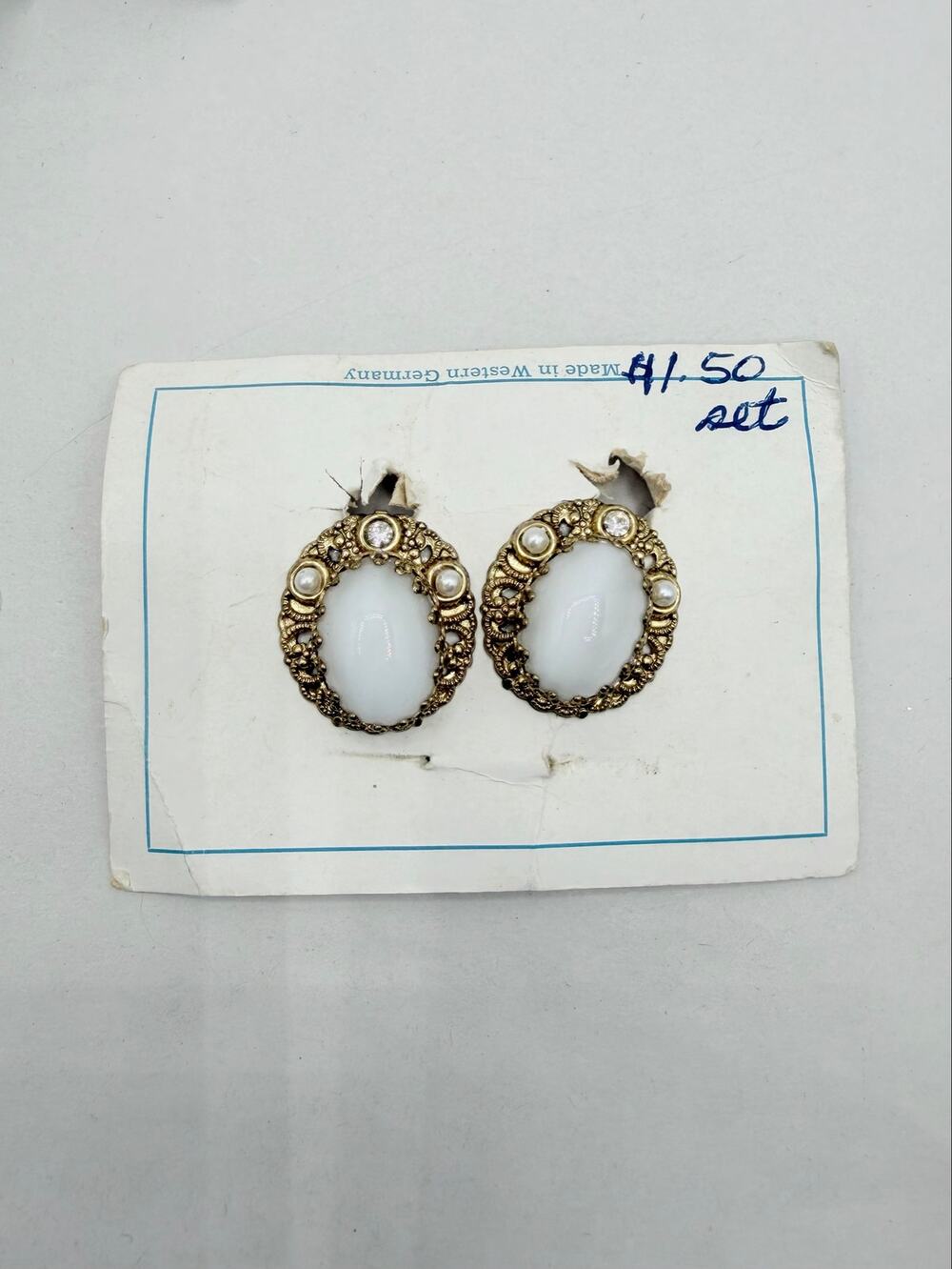 Vintage W Germany White Cabochon Rhinestone Faux Pearl Clip On Earrings